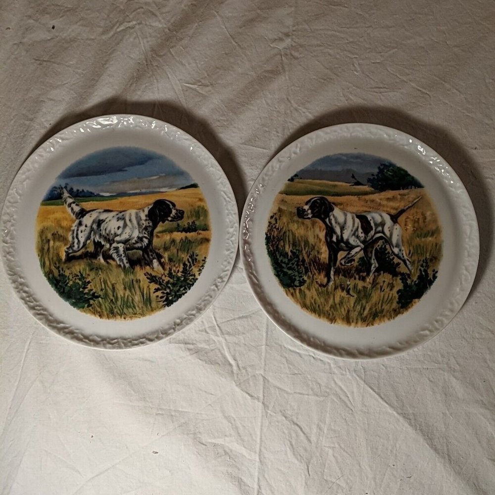 Made in Germany Decorated in Canada set of 2 Hunting dog vintage plates spaniel